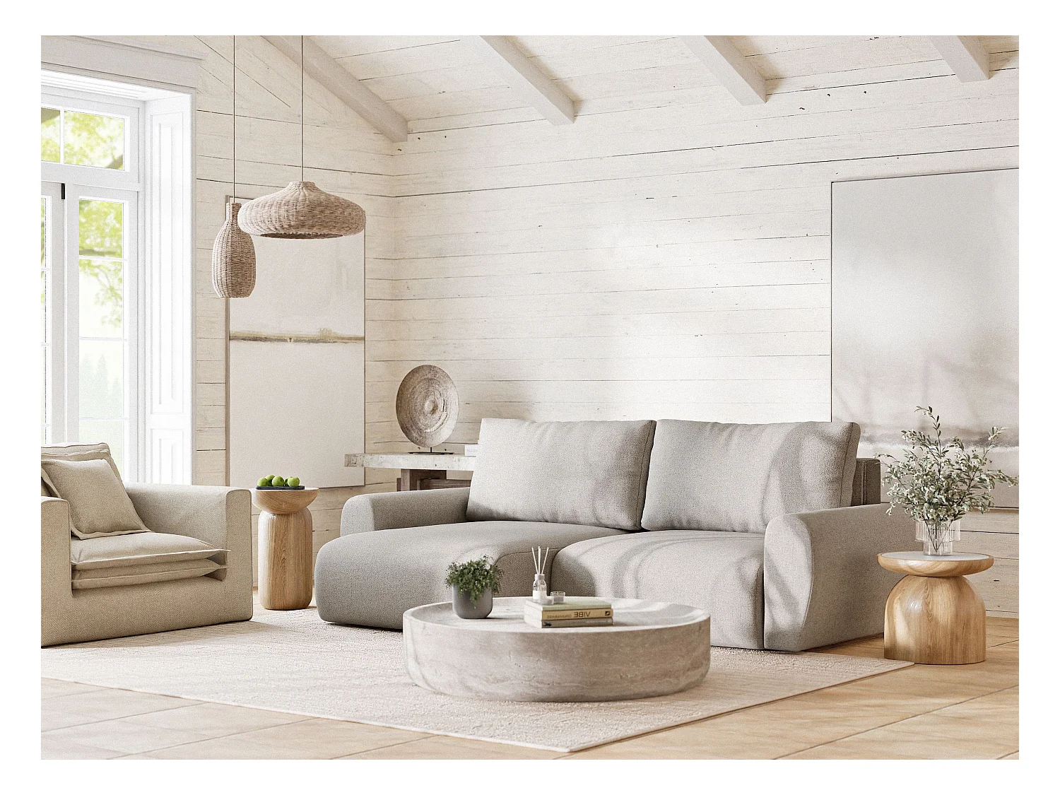 Ecksofa mit Schlaffunktion Numba aus Webstoff - Drei-Personen - beige