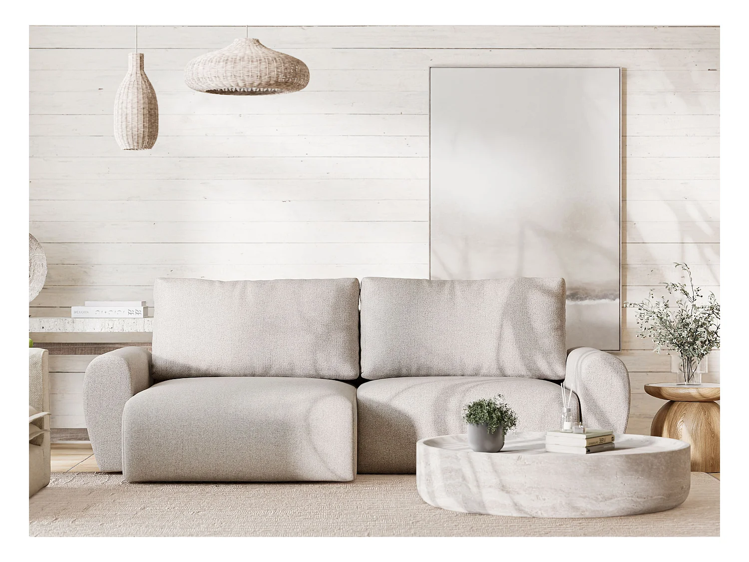 Ecksofa mit Schlaffunktion Numba aus Webstoff - Drei-Personen - beige