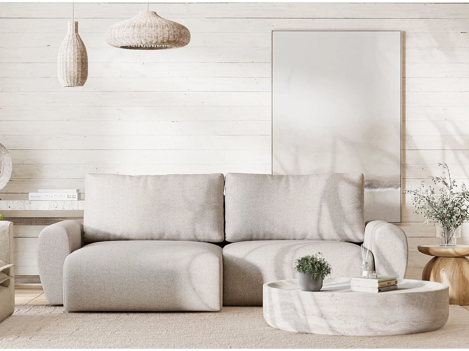 Ecksofa mit Schlaffunktion Numba aus Webstoff - Drei-Personen - beige