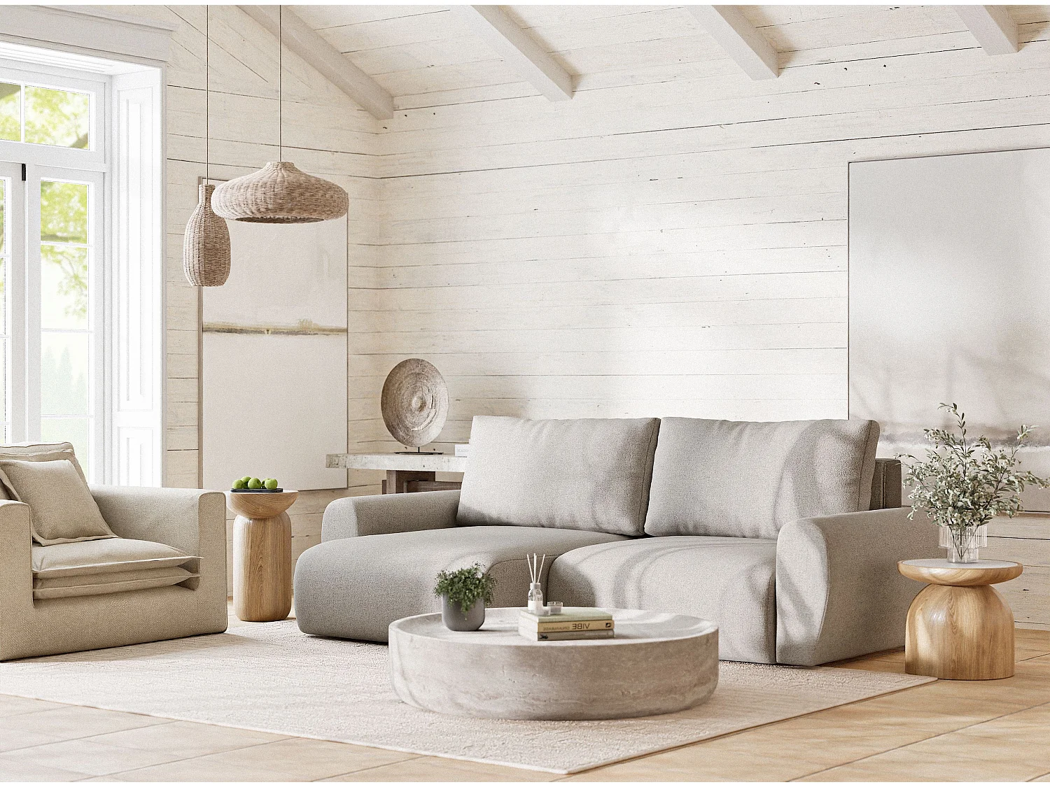 Ecksofa mit Schlaffunktion Numba aus Webstoff - Drei-Personen - beige