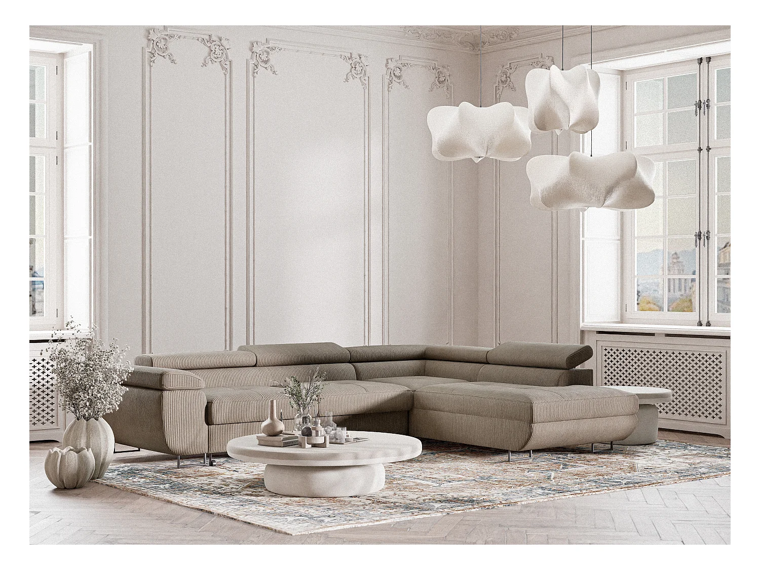 Canapé d'angle convertible Concord im tissu de velours - 5 places - beige