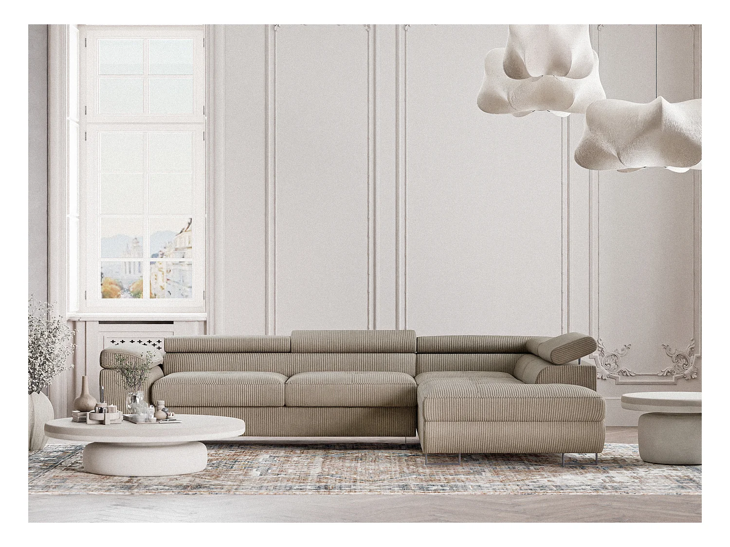 Canapé d'angle convertible Concord im tissu de velours - 5 places - beige