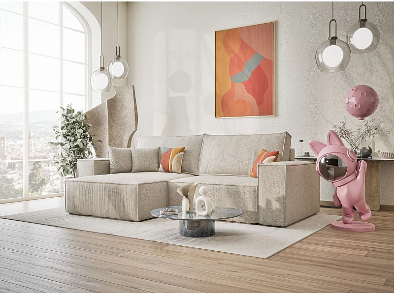 Ecksofa mit Schlaffunktion Zaya aus Webstoff - Drei-Personen - hellbeige