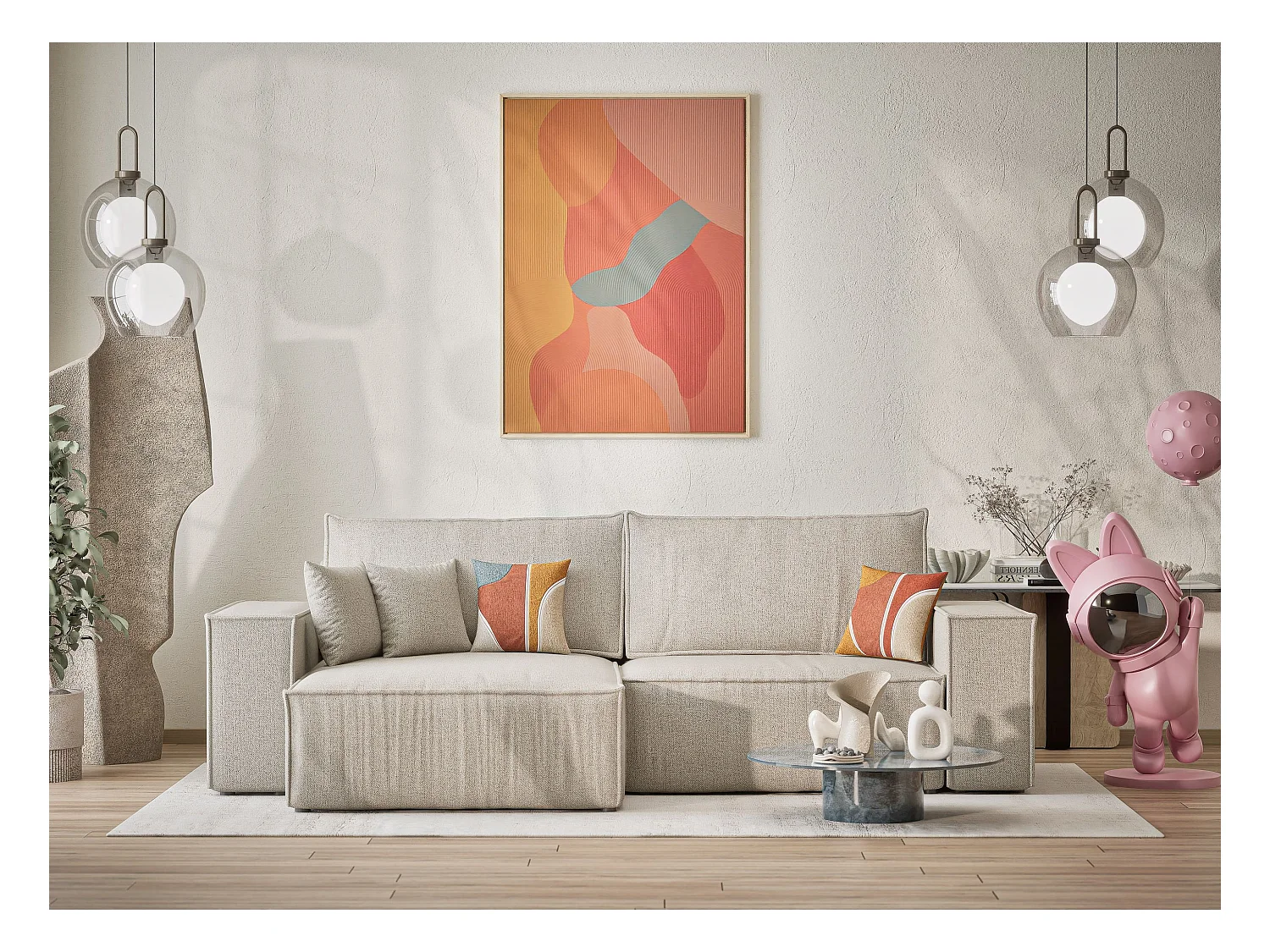 Canapé d'angle convertible Zaya im tissu tresse - 3 places - beige clair