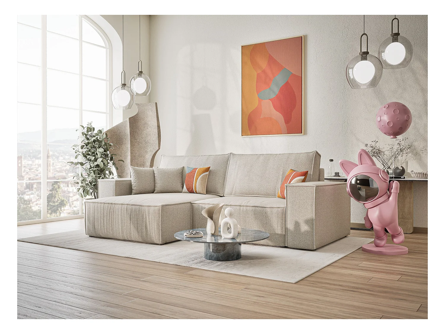 Ecksofa mit Schlaffunktion Zaya aus Webstoff - Drei-Personen - hellbeige