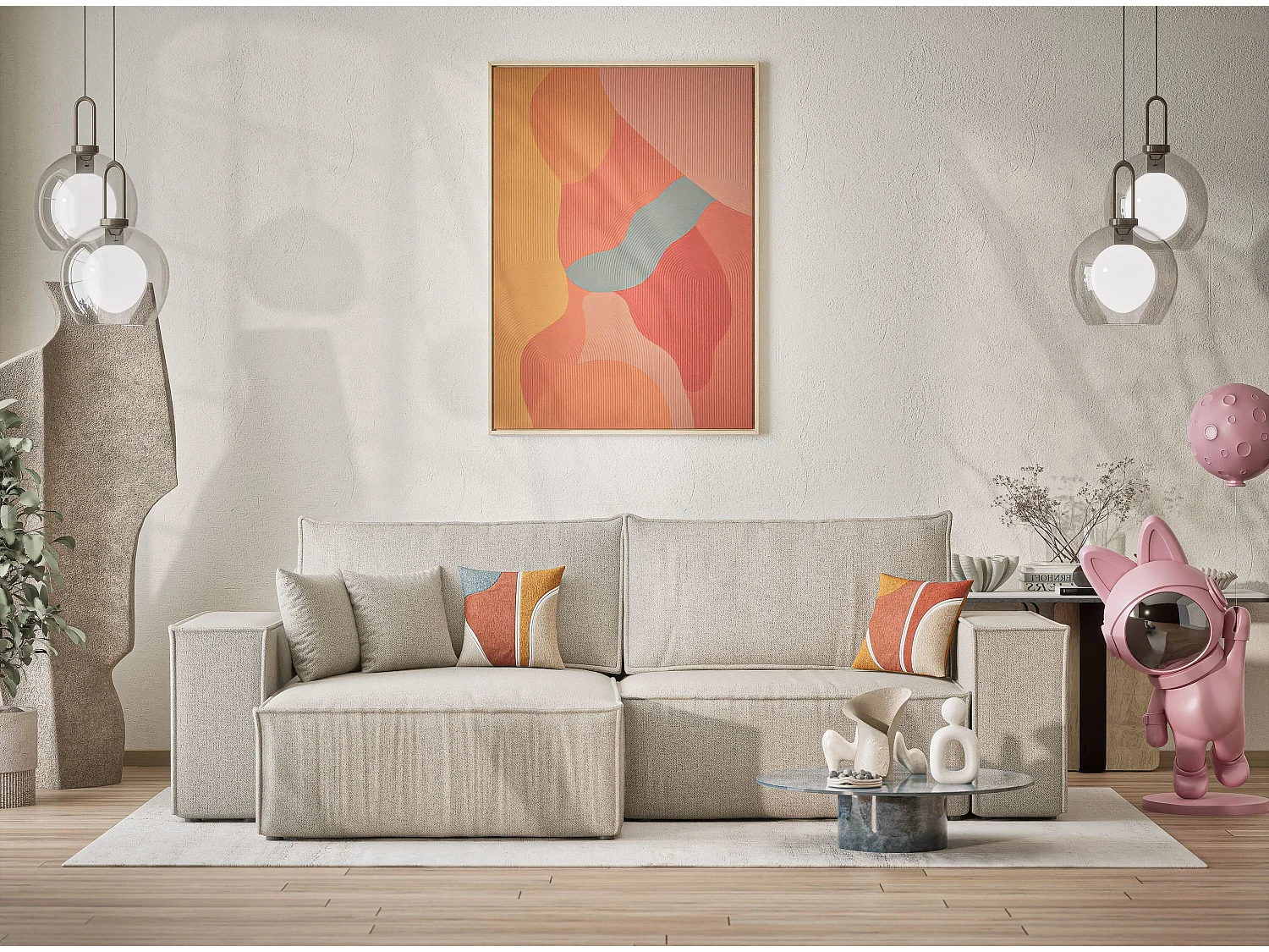 Ecksofa mit Schlaffunktion Zaya aus Webstoff - Drei-Personen - hellbeige