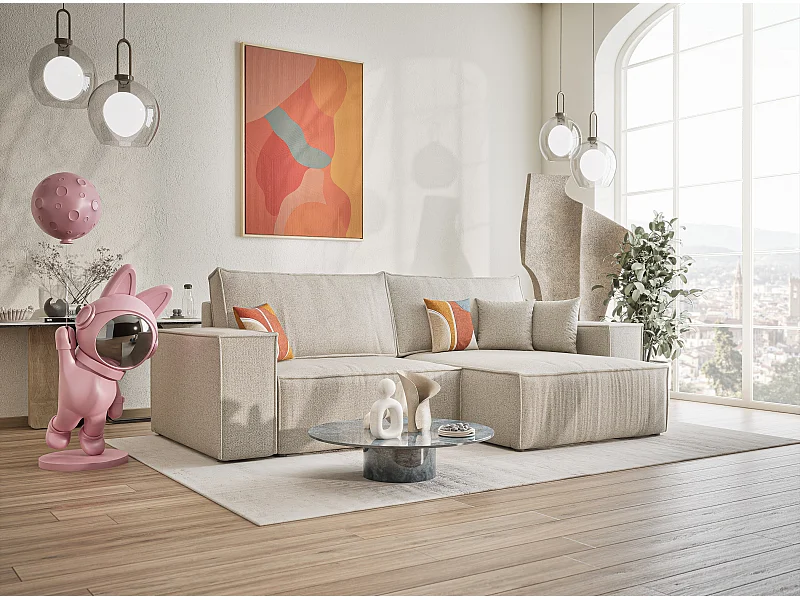 Ecksofa mit Schlaffunktion Zaya aus Webstoff - Drei-Personen - hellbeige