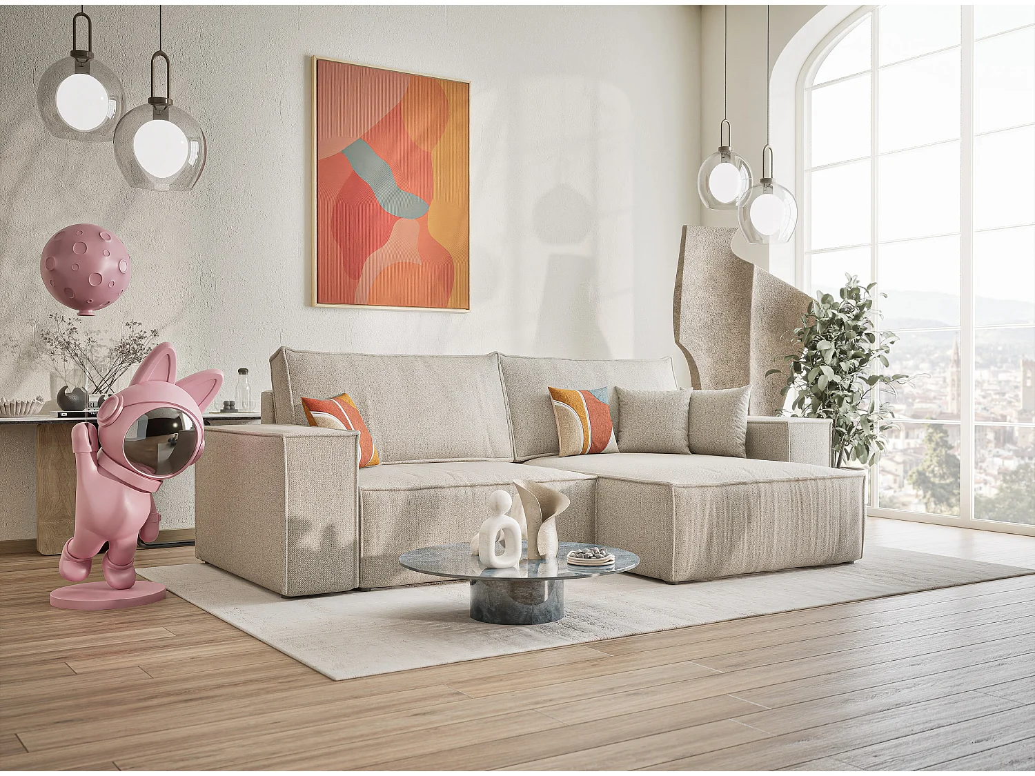 Narożnik z funkcją spania Zaya w tkaninie plecionej - trzyosobowy - jasnobeżowy