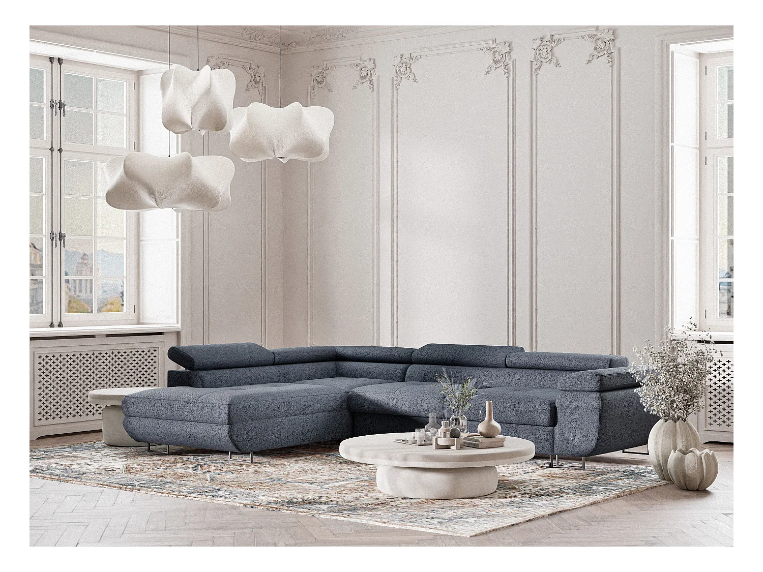 Canapé d'angle convertible Concord im tissu tresse - 5 places - bleu gris