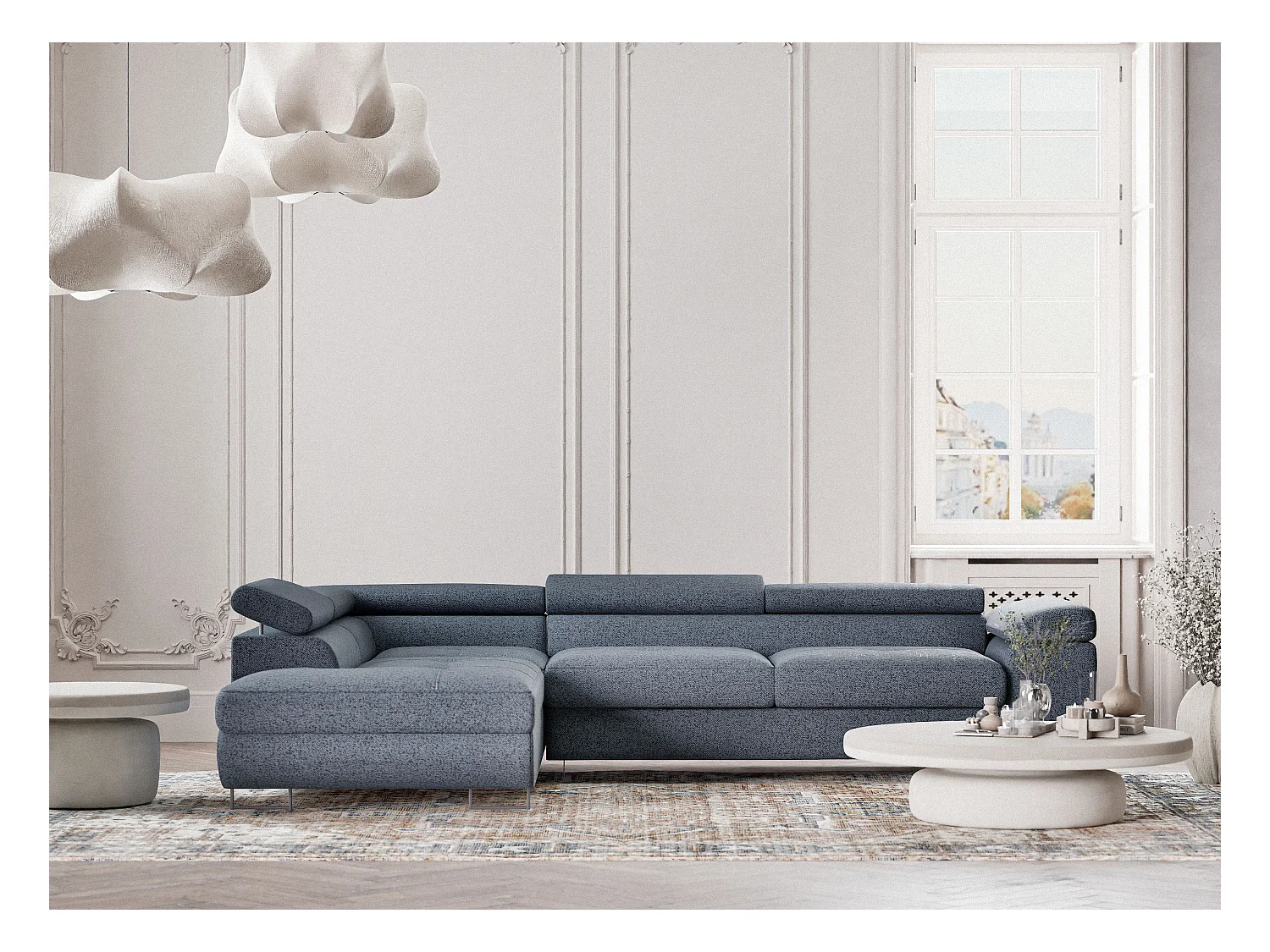 Canapé d'angle convertible Concord im tissu tresse - 5 places - bleu gris