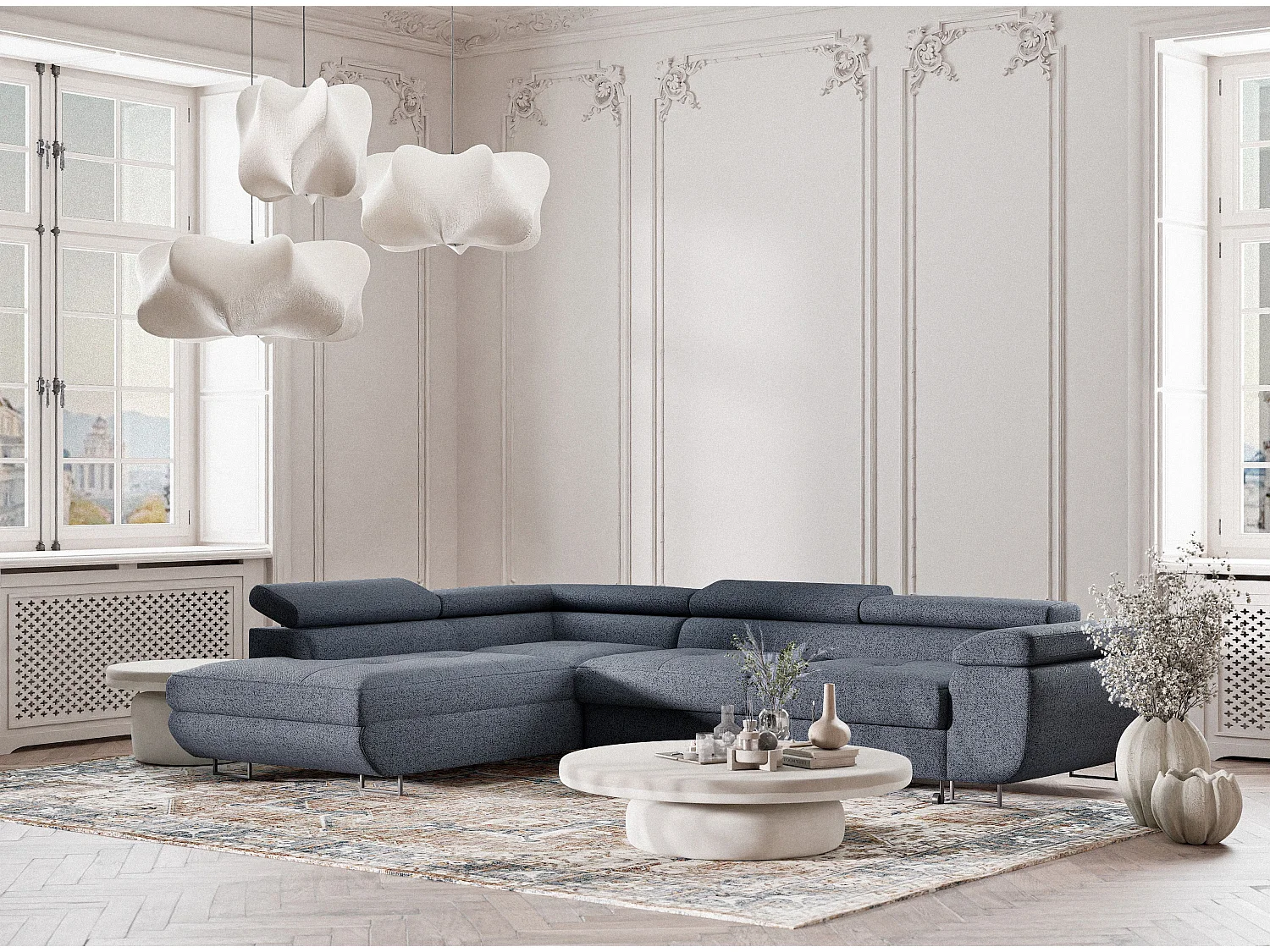 Canapé d'angle convertible Concord im tissu tresse - 5 places - bleu gris