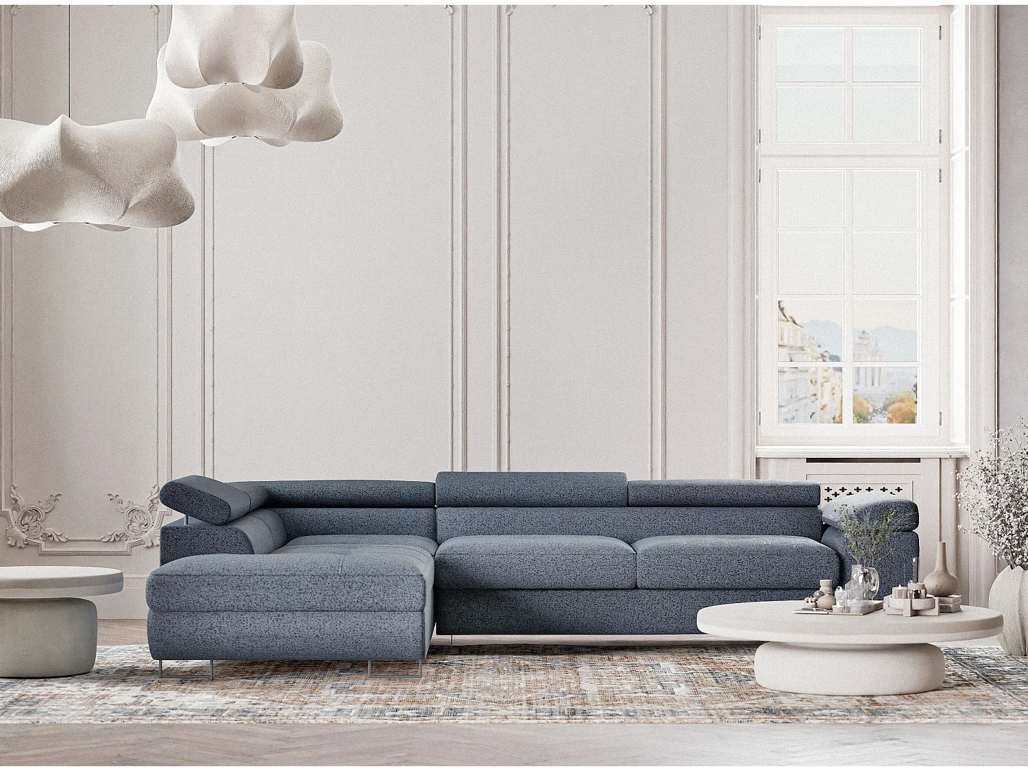 Canapé d'angle convertible Concord im tissu tresse - 5 places - bleu gris