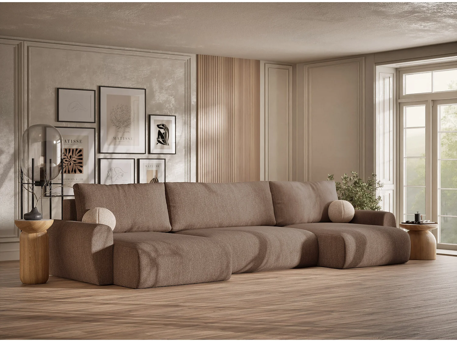 Canapé panoramique convertible Numba im tissu tresse - 6 places - brun