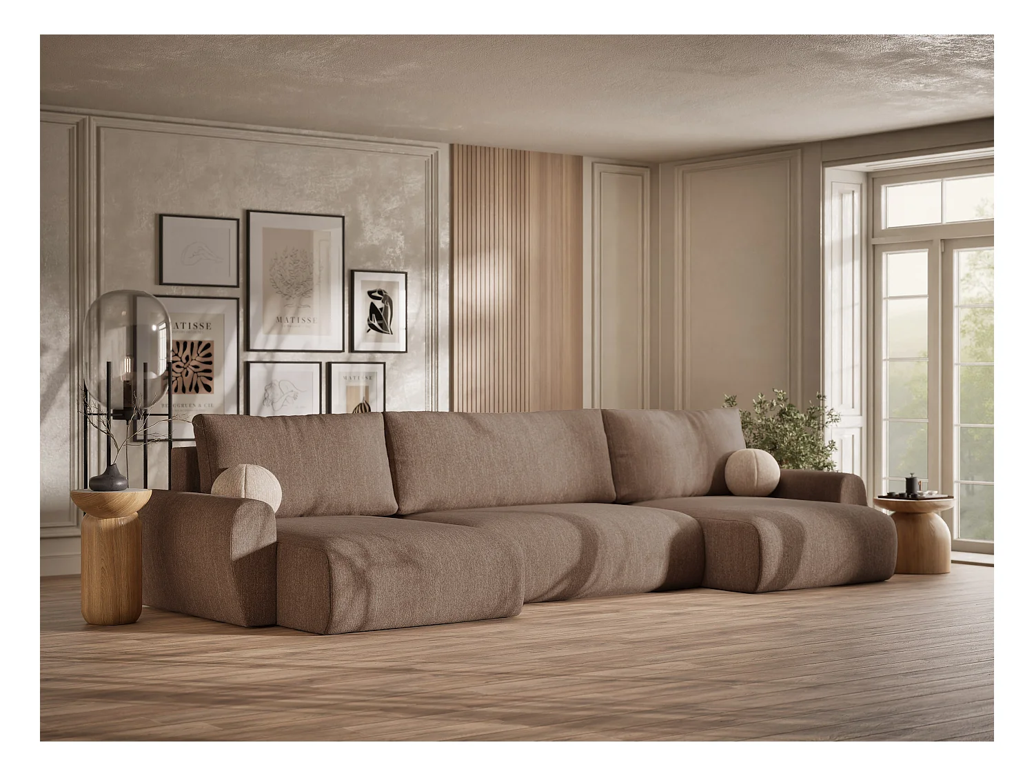 Sofa panoramiczna z funkcją spania Numba w tkaninie plecionej - sześcioosobowa - brązowy
