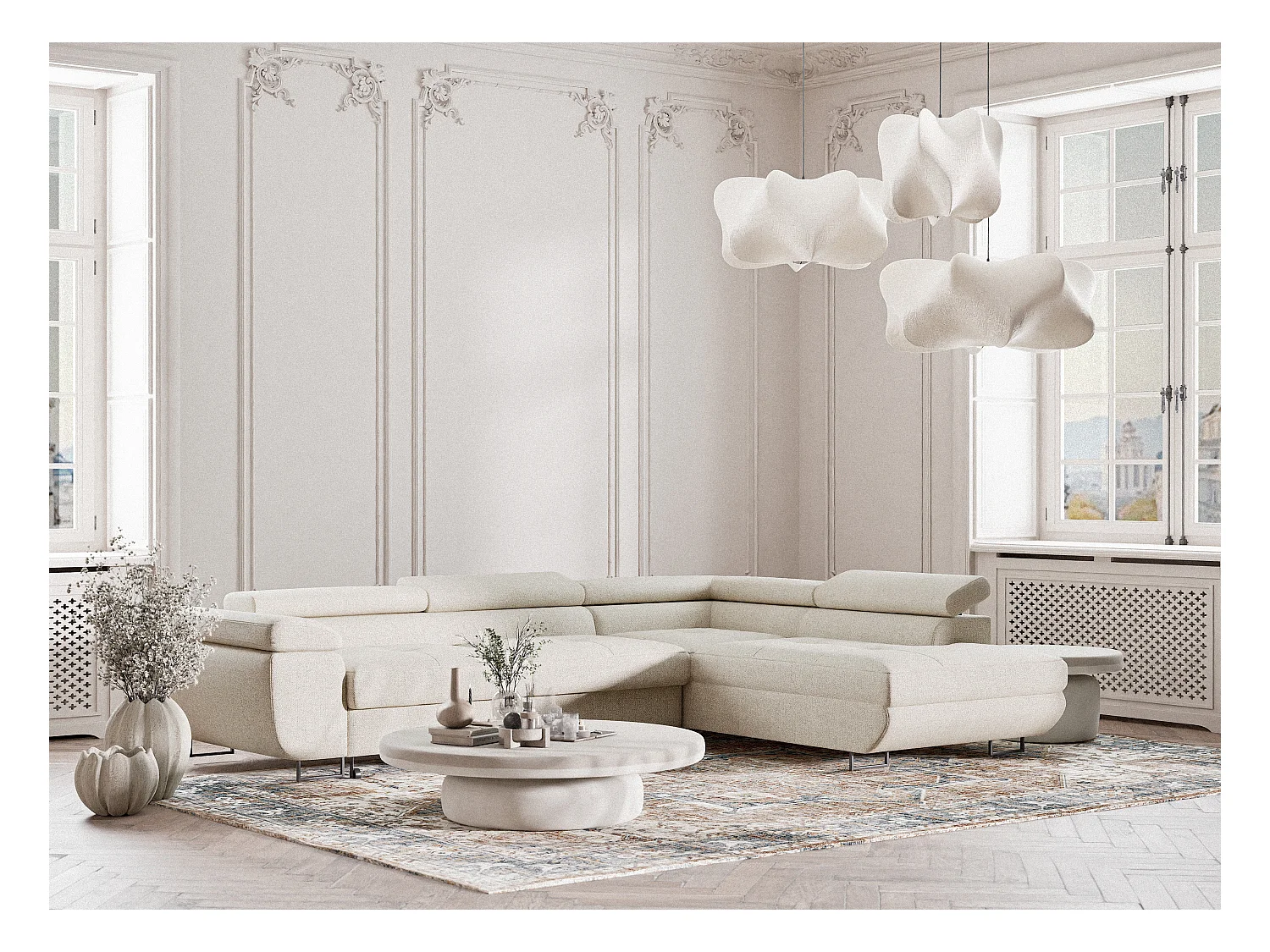 Canapé d'angle convertible Concord im tissu tresse - 5 places - creme