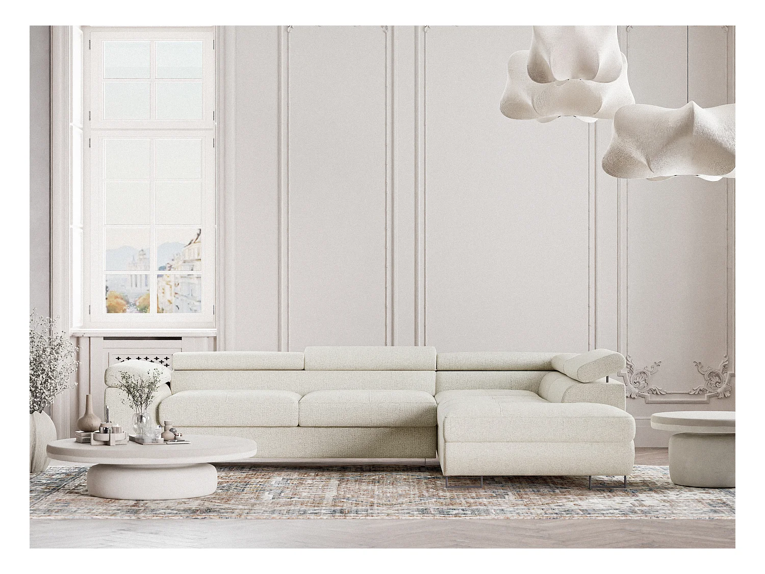 Canapé d'angle convertible Concord im tissu tresse - 5 places - creme