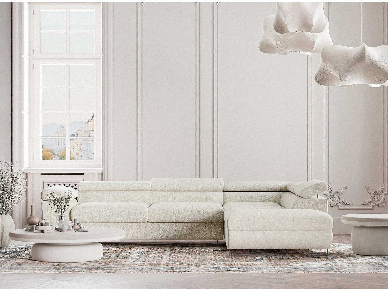 Canapé d'angle convertible Concord im tissu tresse - 5 places - creme