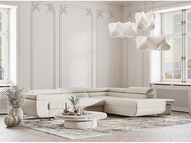 Canapé d'angle convertible Concord im tissu tresse - 5 places - creme