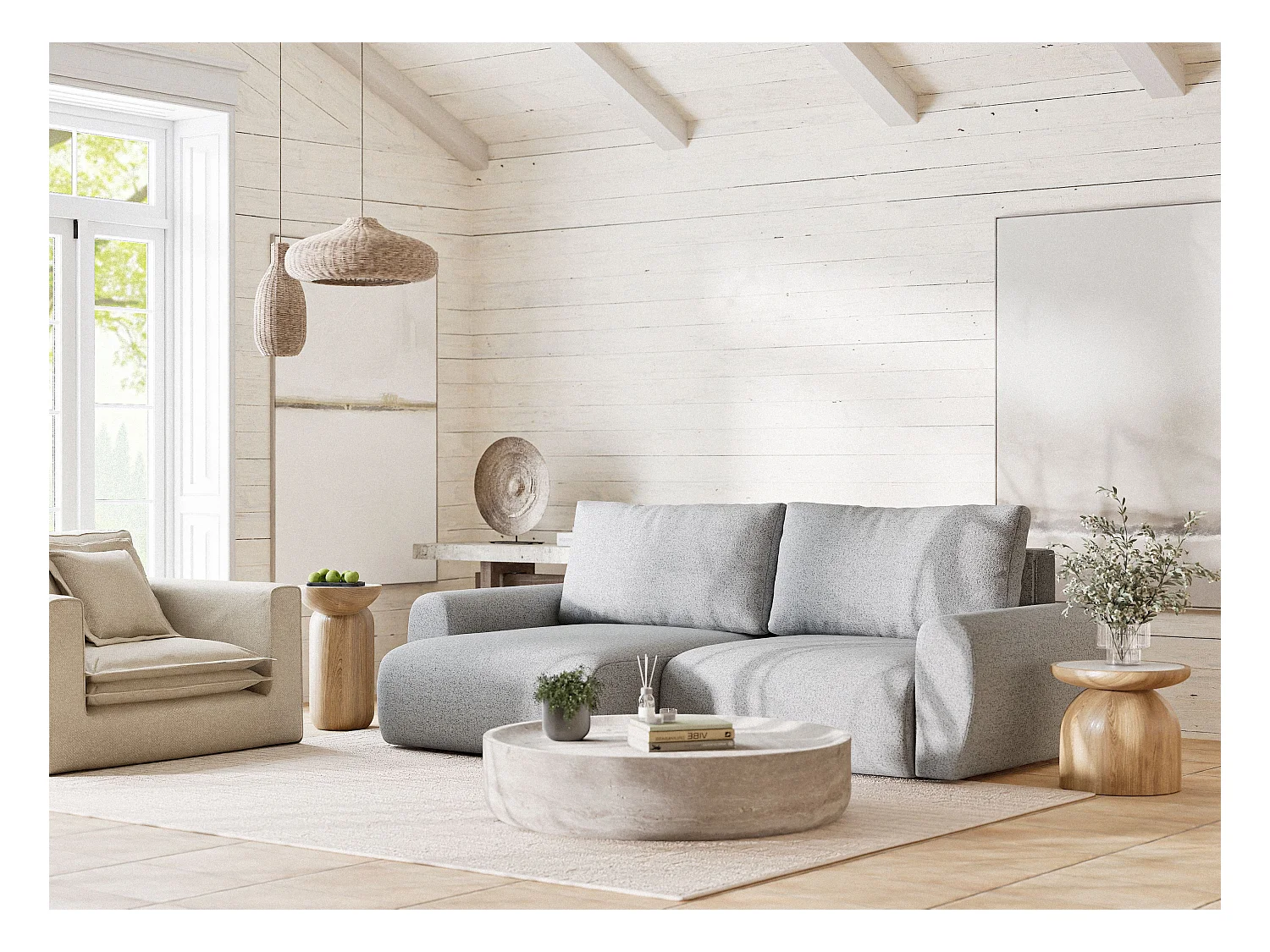 Ecksofa mit Schlaffunktion Numba aus Webstoff - Drei-Personen - hellgrau