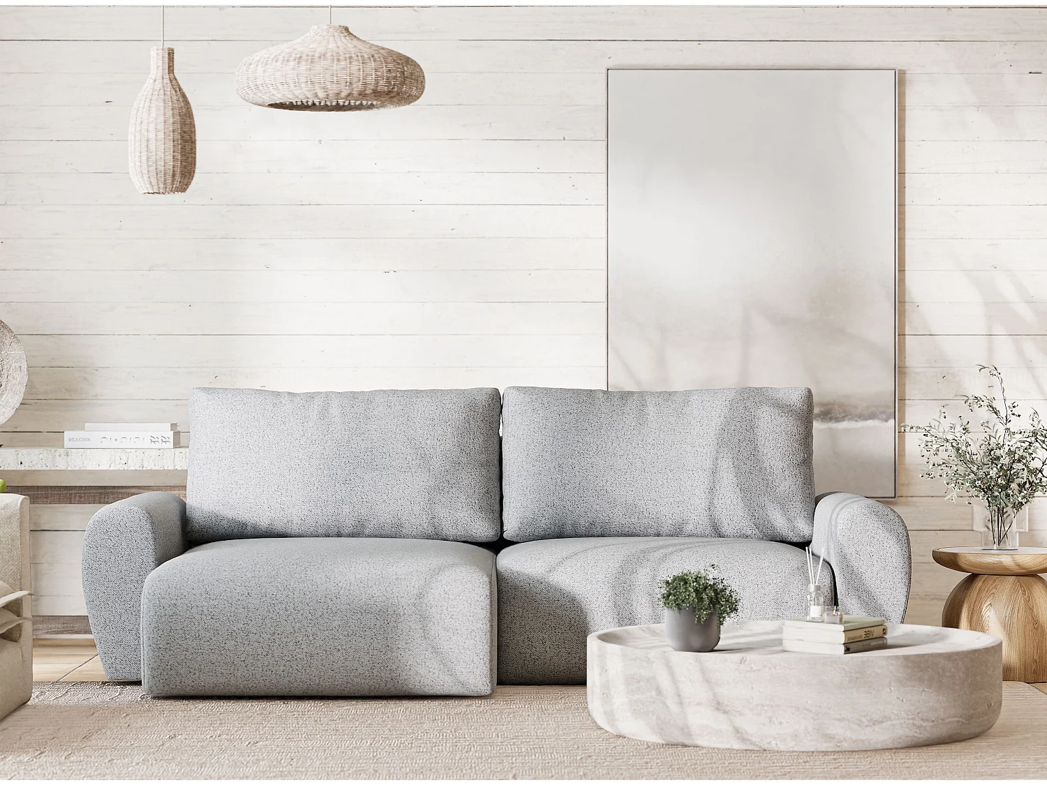 Ecksofa mit Schlaffunktion Numba aus Webstoff - Drei-Personen - hellgrau