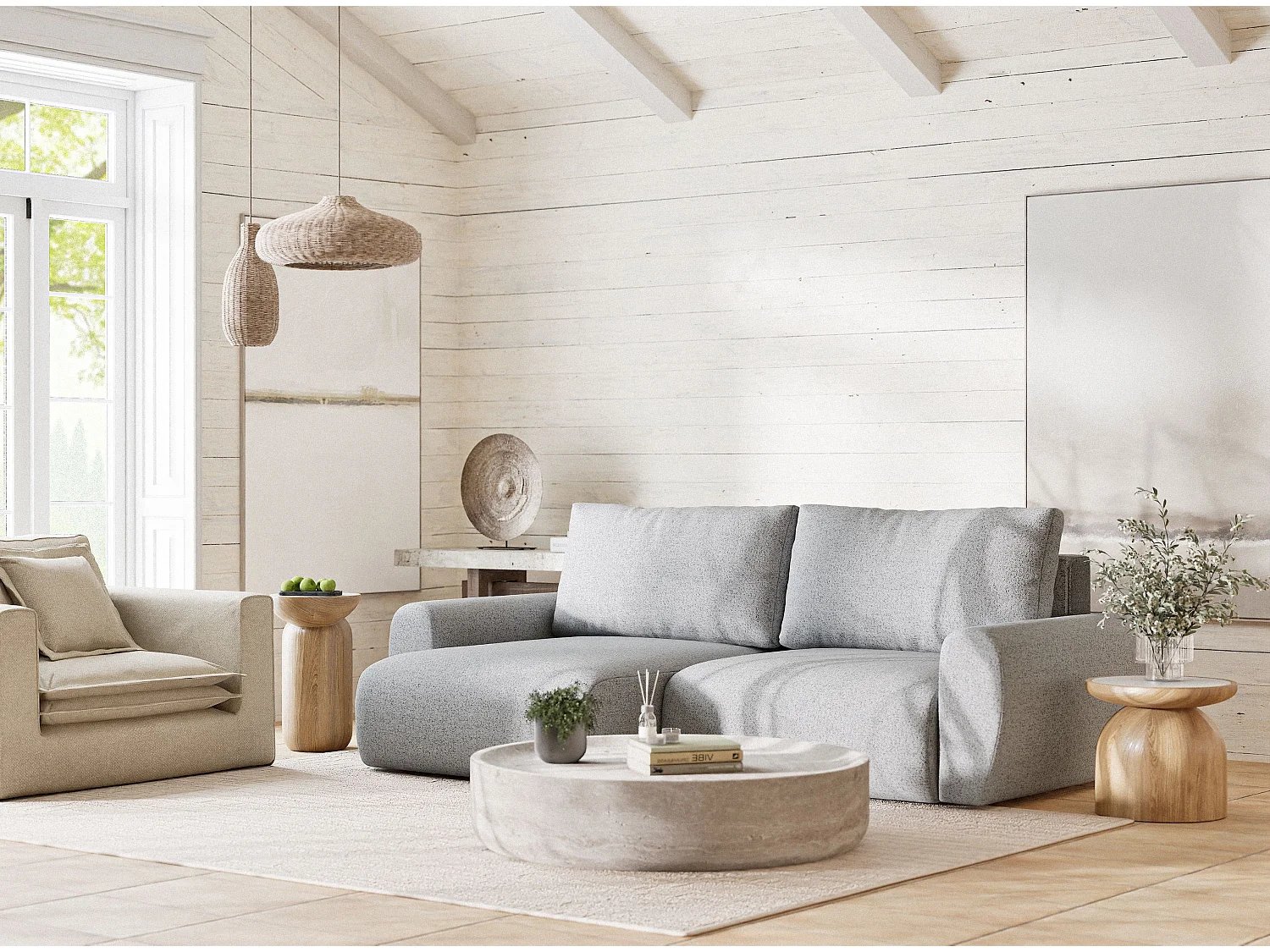 Ecksofa mit Schlaffunktion Numba aus Webstoff - Drei-Personen - hellgrau