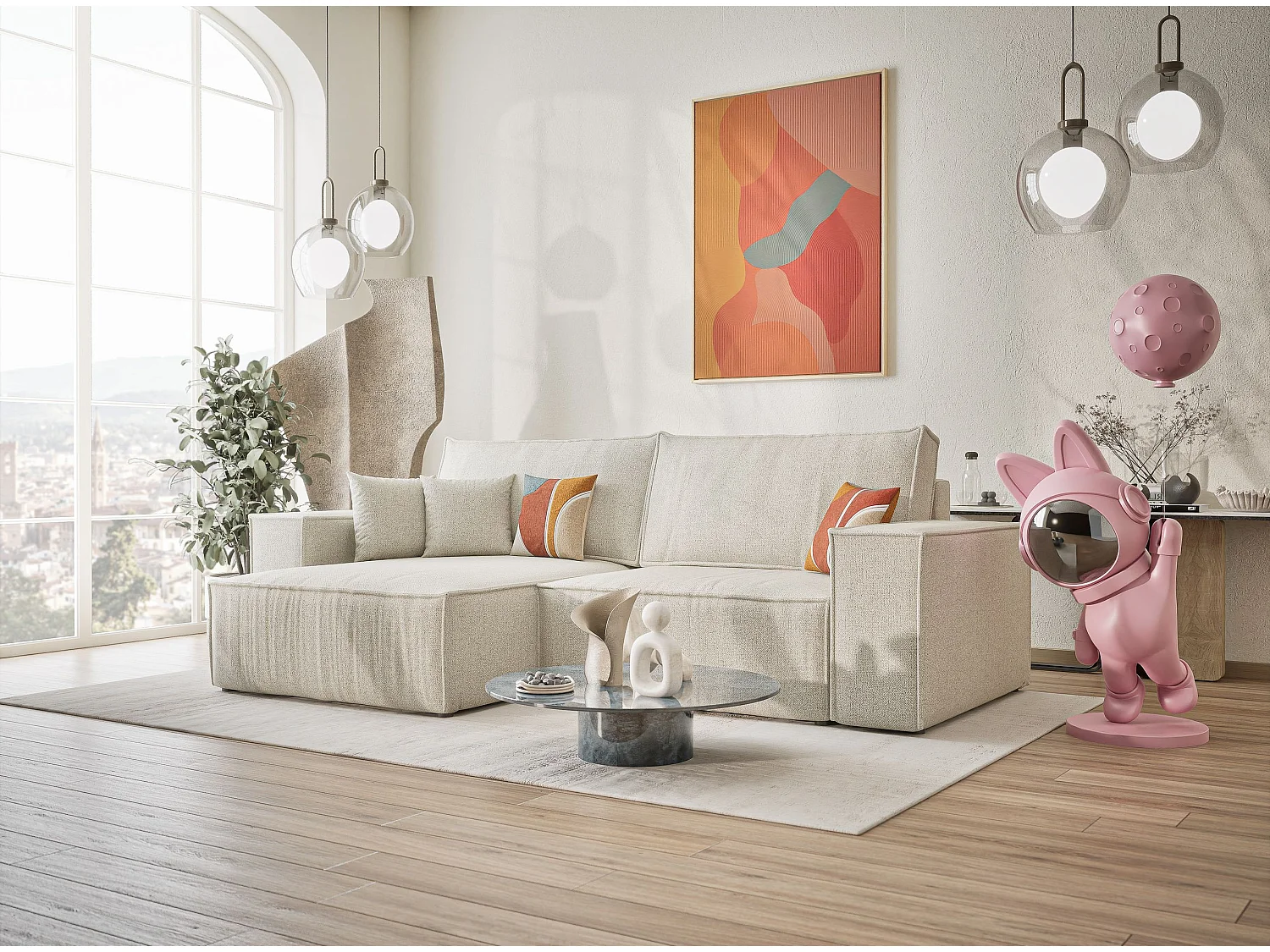 Canapé d'angle convertible Zaya im tissu tresse - 3 places - creme