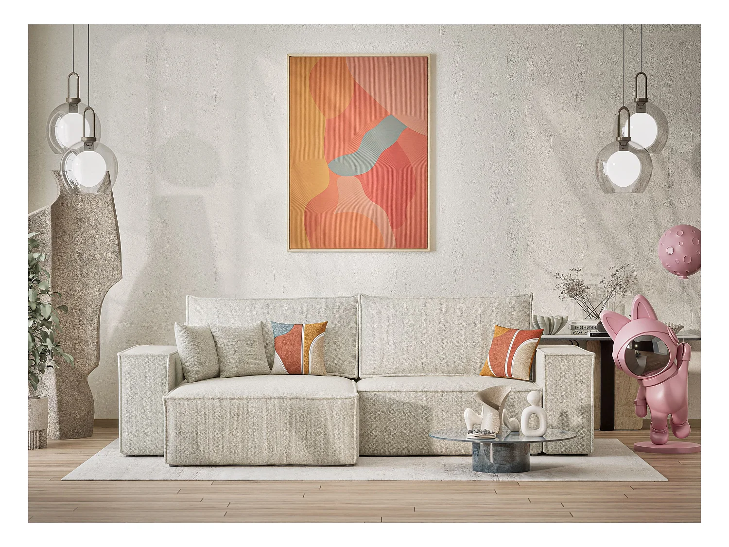 Canapé d'angle convertible Zaya im tissu tresse - 3 places - creme