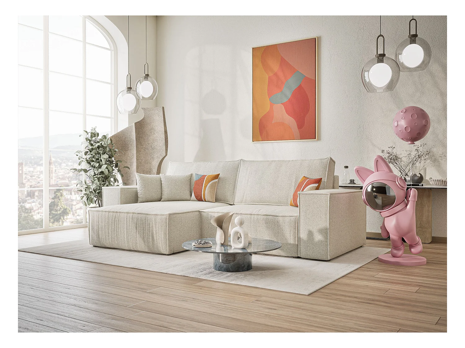 Ecksofa mit Schlaffunktion Zaya aus Webstoff - Drei-Personen - creme