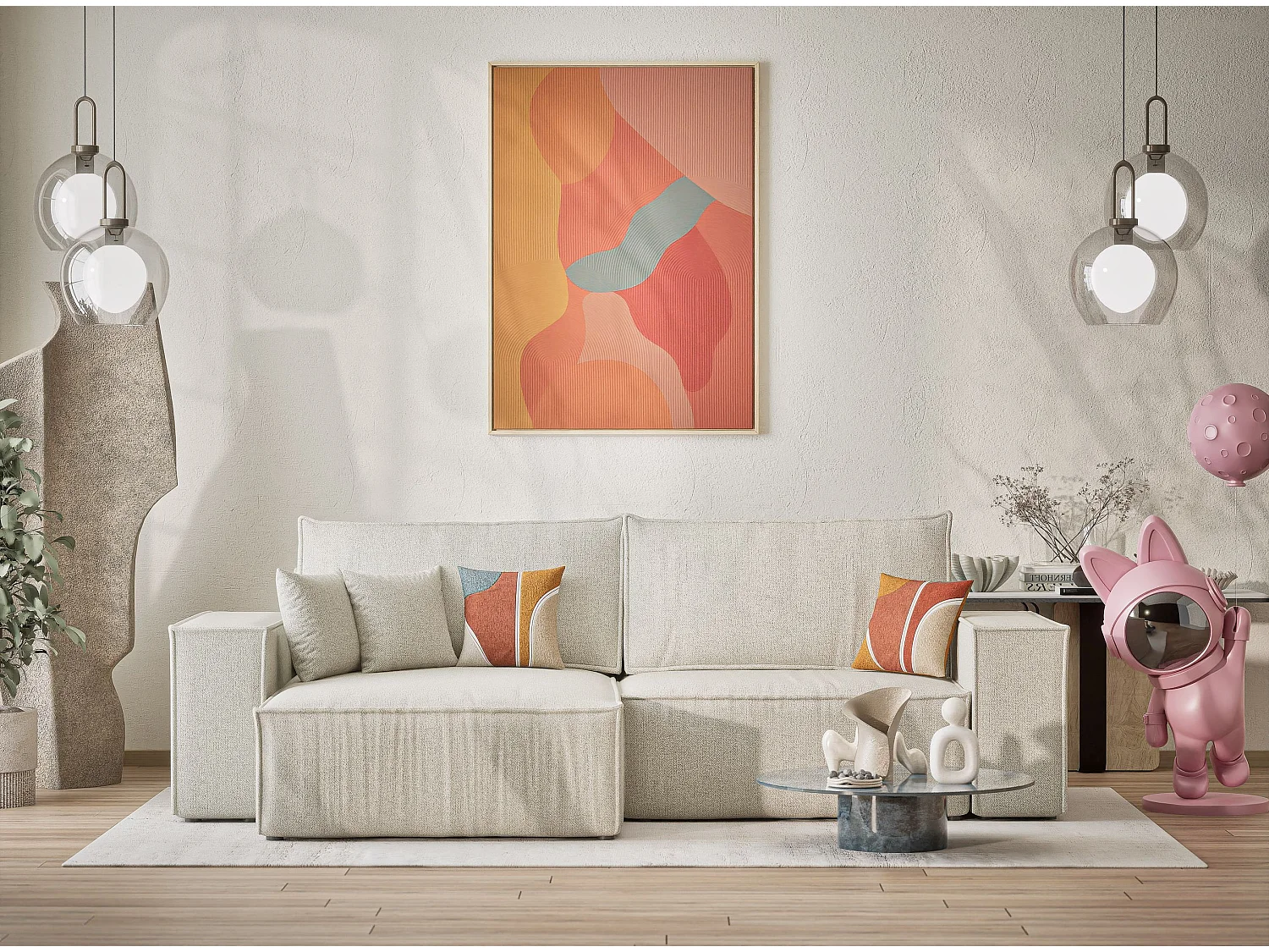 Canapé d'angle convertible Zaya im tissu tresse - 3 places - creme