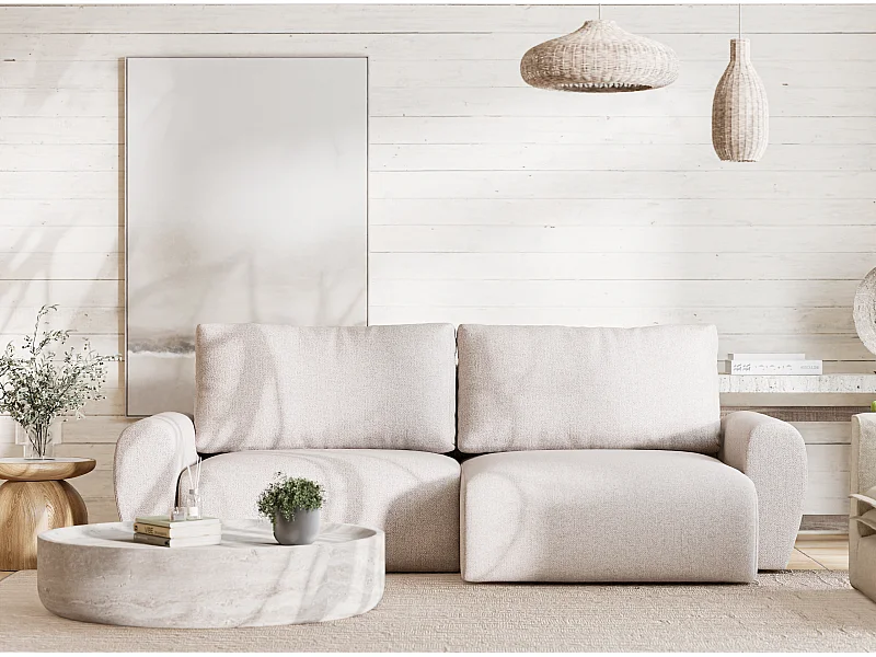 Ecksofa mit Schlaffunktion Numba aus Webstoff - Drei-Personen - hellbeige