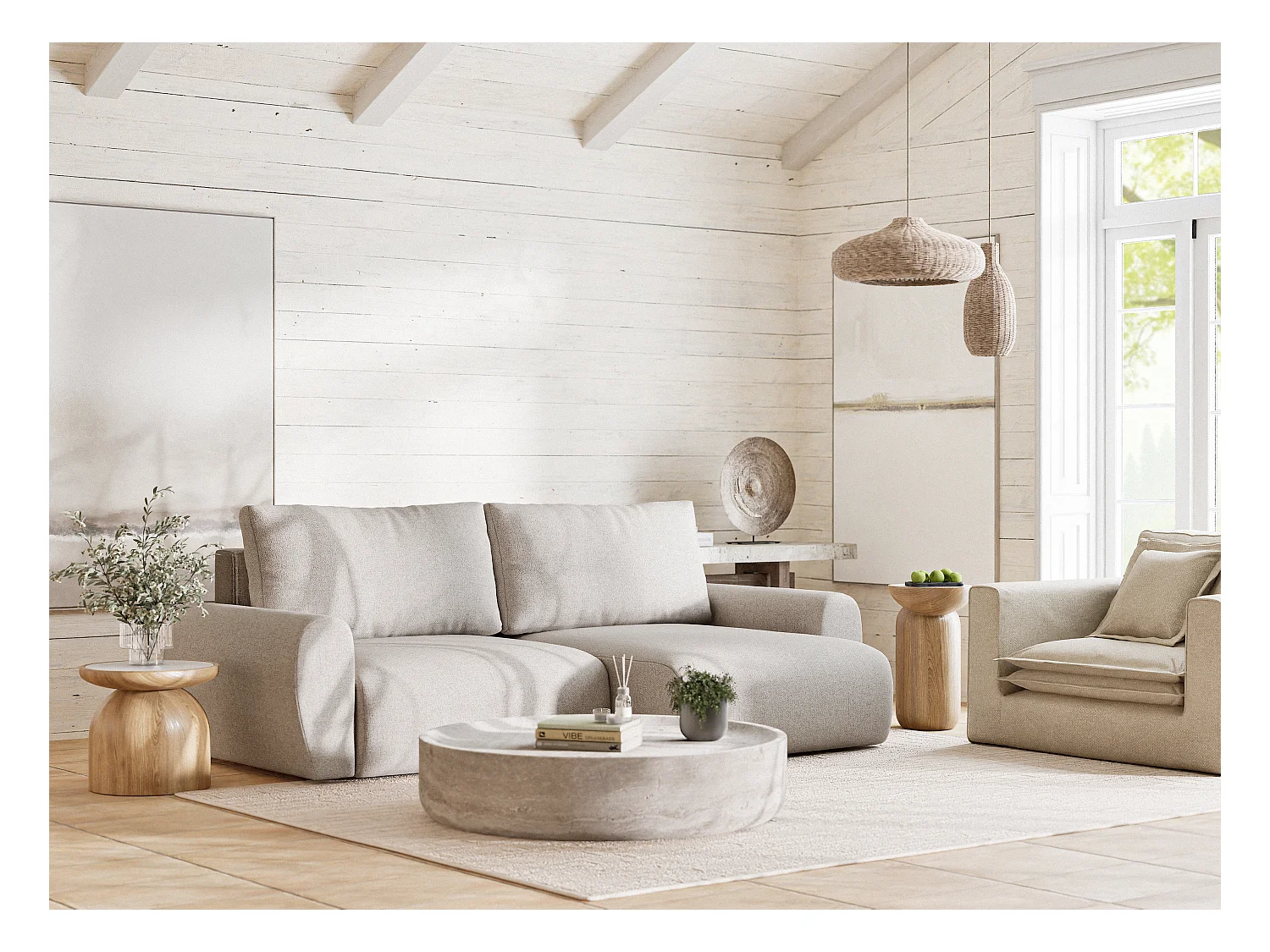 Canapé d'angle convertible Numba im tissu tresse - 3 places - beige clair