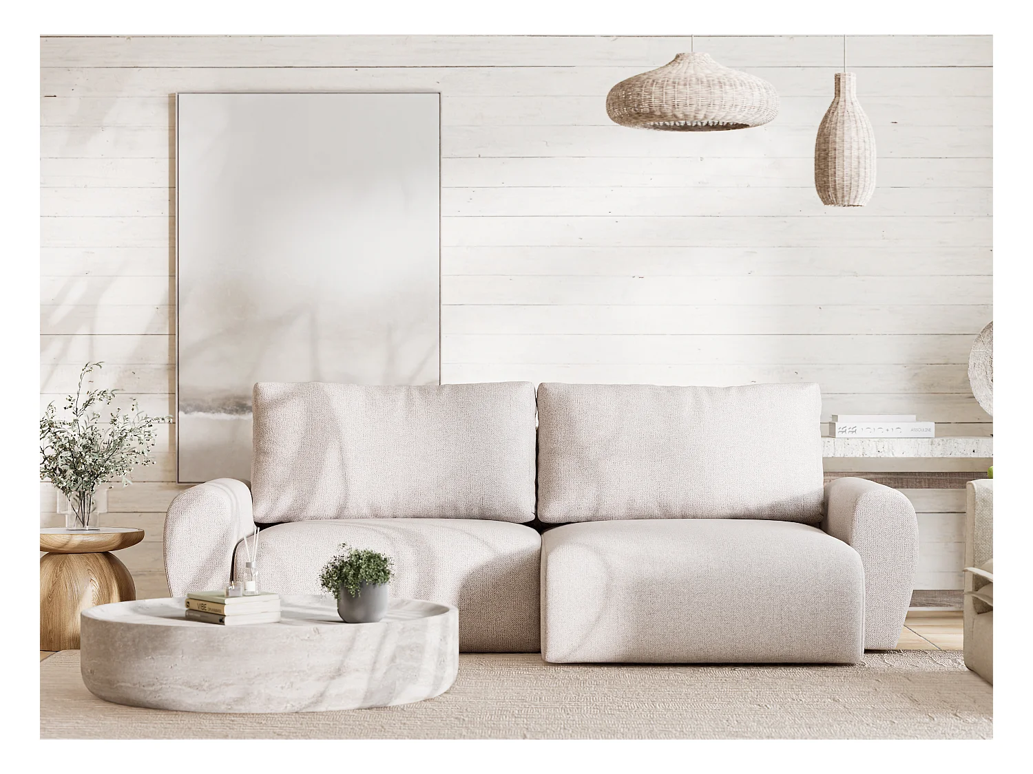 Ecksofa mit Schlaffunktion Numba aus Webstoff - Drei-Personen - hellbeige