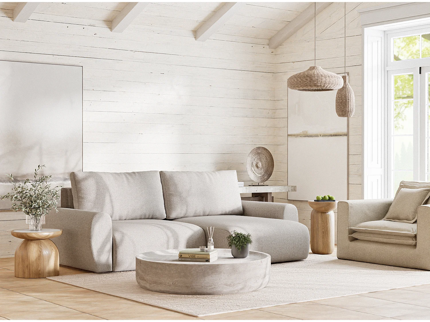 Canapé d'angle convertible Numba im tissu tresse - 3 places - beige clair