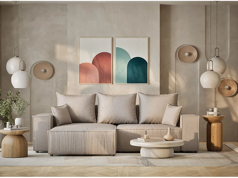 Ecksofa mit Schlaffunktion Moyo aus Webstoff - Drei-Personen - hellbeige