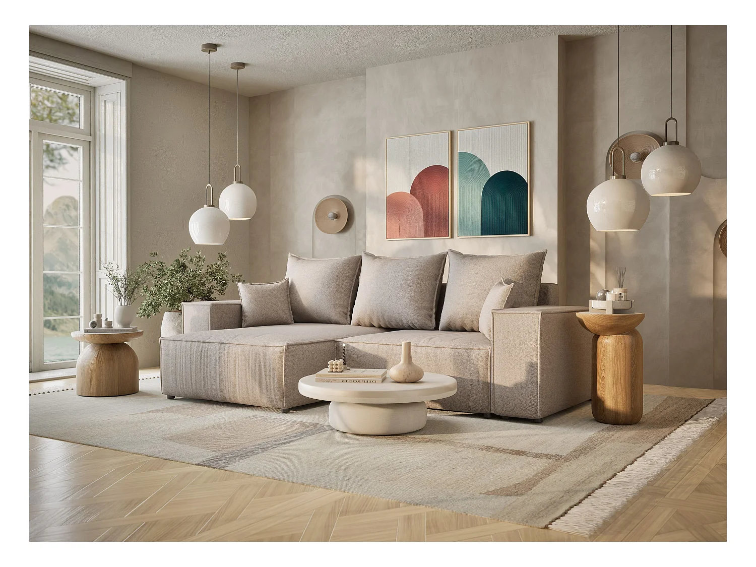 Canapé d'angle convertible Moyo im tissu tresse - 3 places - beige clair