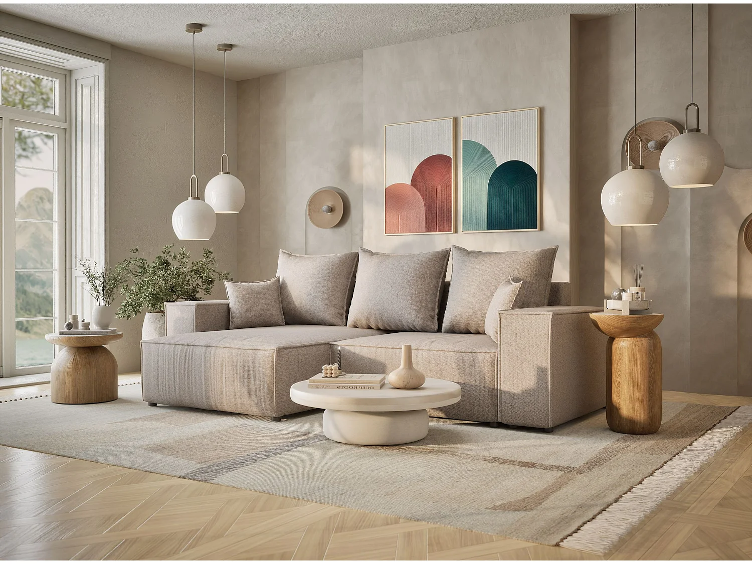 Canapé d'angle convertible Moyo im tissu tresse - 3 places - beige clair