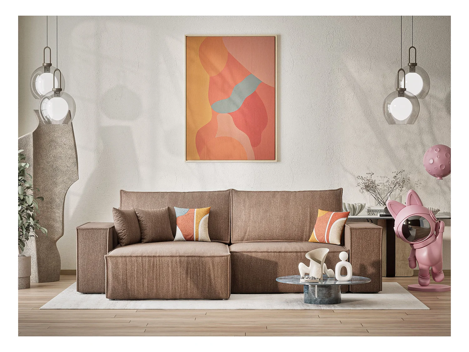 Canapé d'angle convertible Zaya im tissu tresse - 3 places - brun