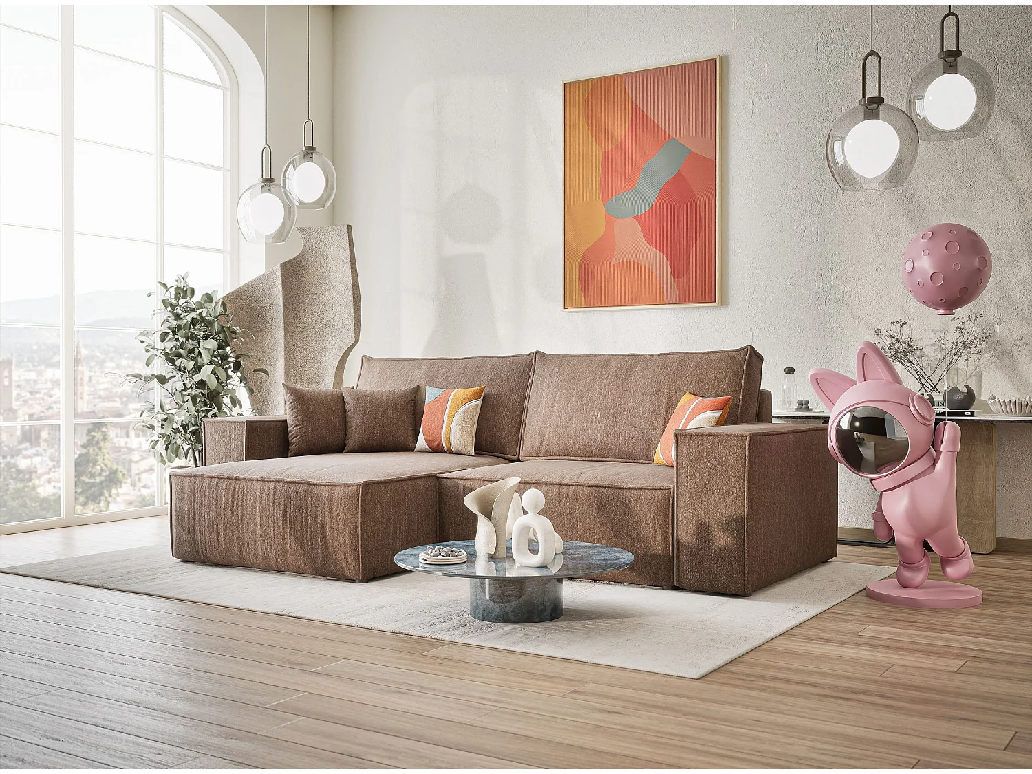 Ecksofa mit Schlaffunktion Zaya aus Webstoff - Drei-Personen - braun