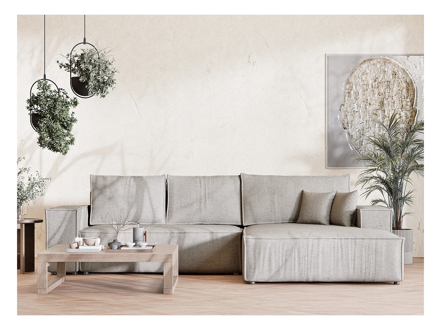 Canapé d'angle convertible Maze im tissu tresse - 5 places - beige