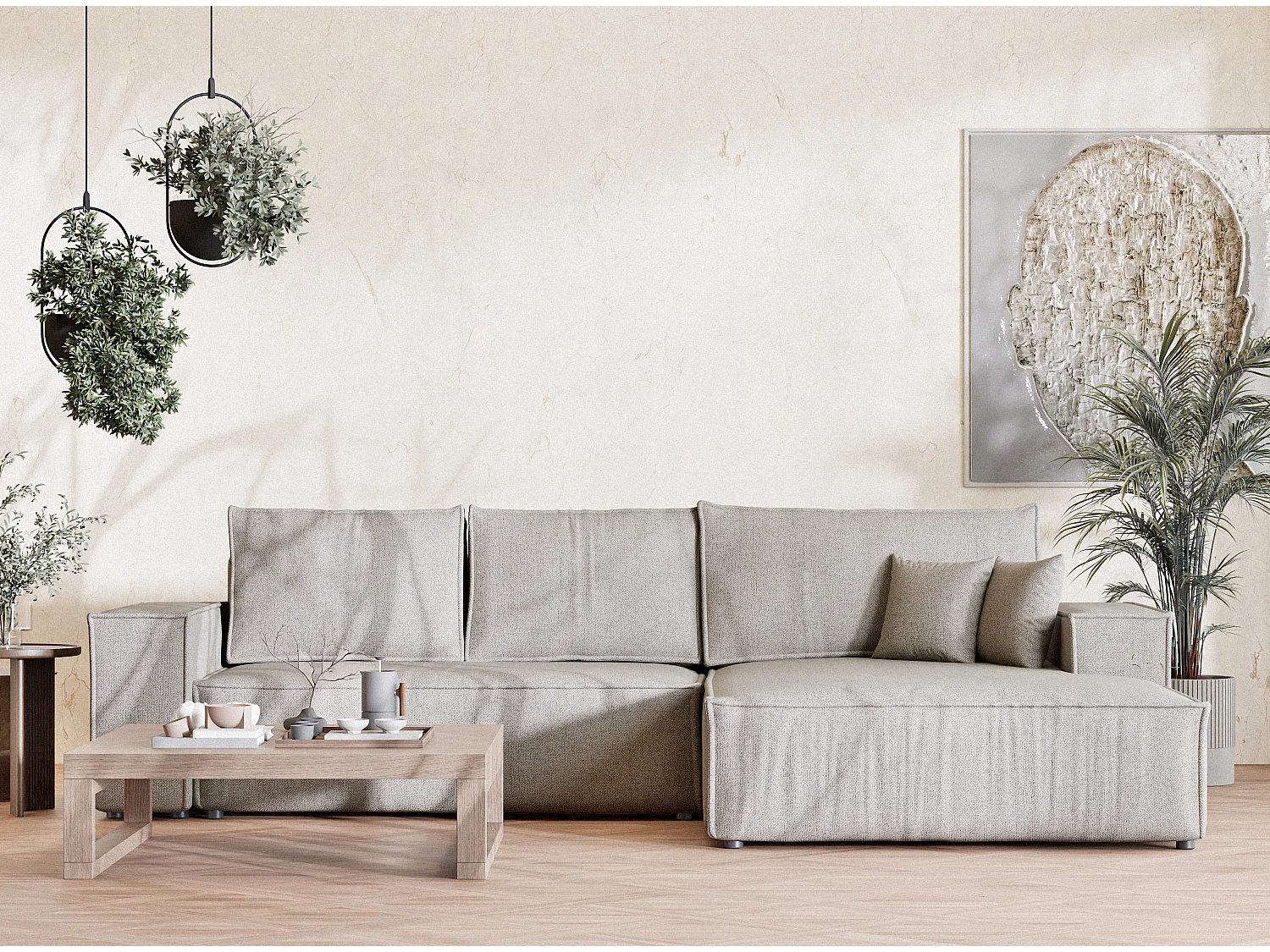 Canapé d'angle convertible Maze im tissu tresse - 5 places - beige