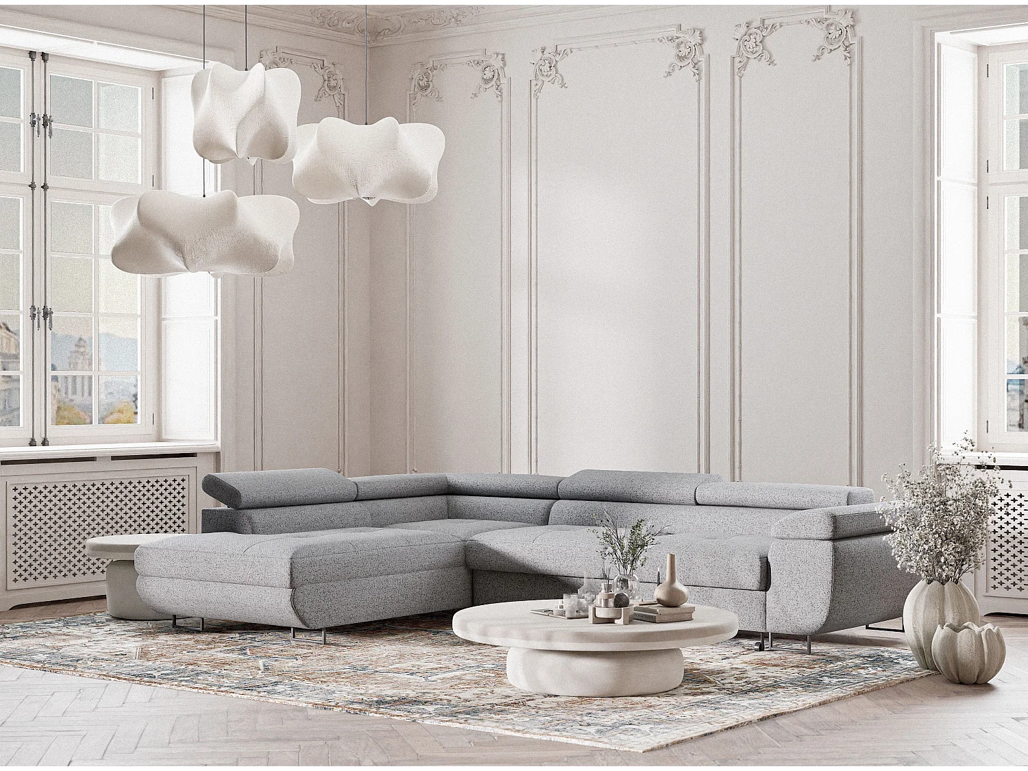 Canapé d'angle convertible Concord im tissu tresse - 5 places - gris clair