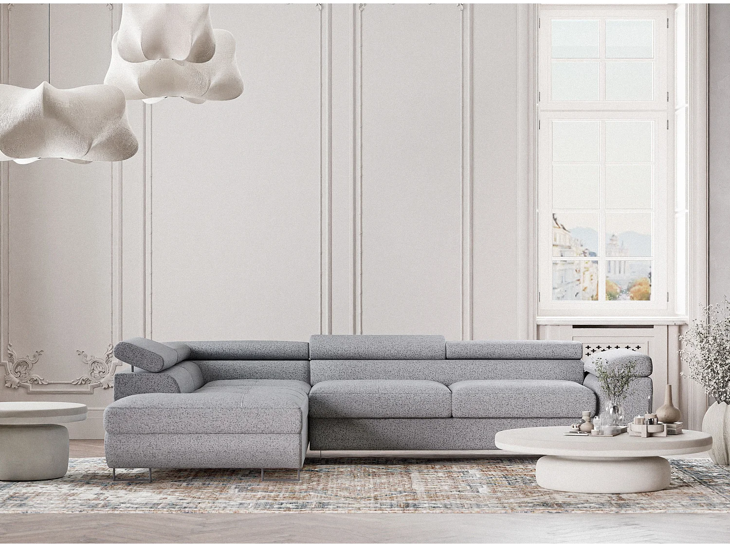 Canapé d'angle convertible Concord im tissu tresse - 5 places - gris clair