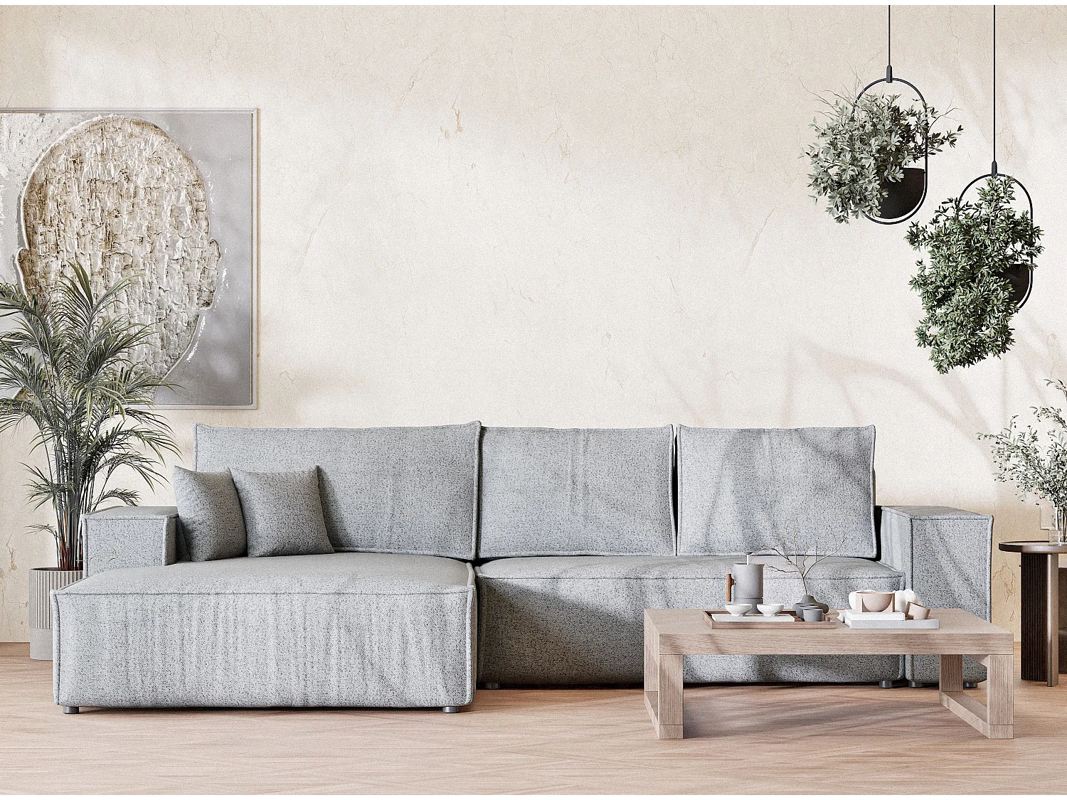 Canapé d'angle convertible Maze im tissu tresse - 5 places - gris clair