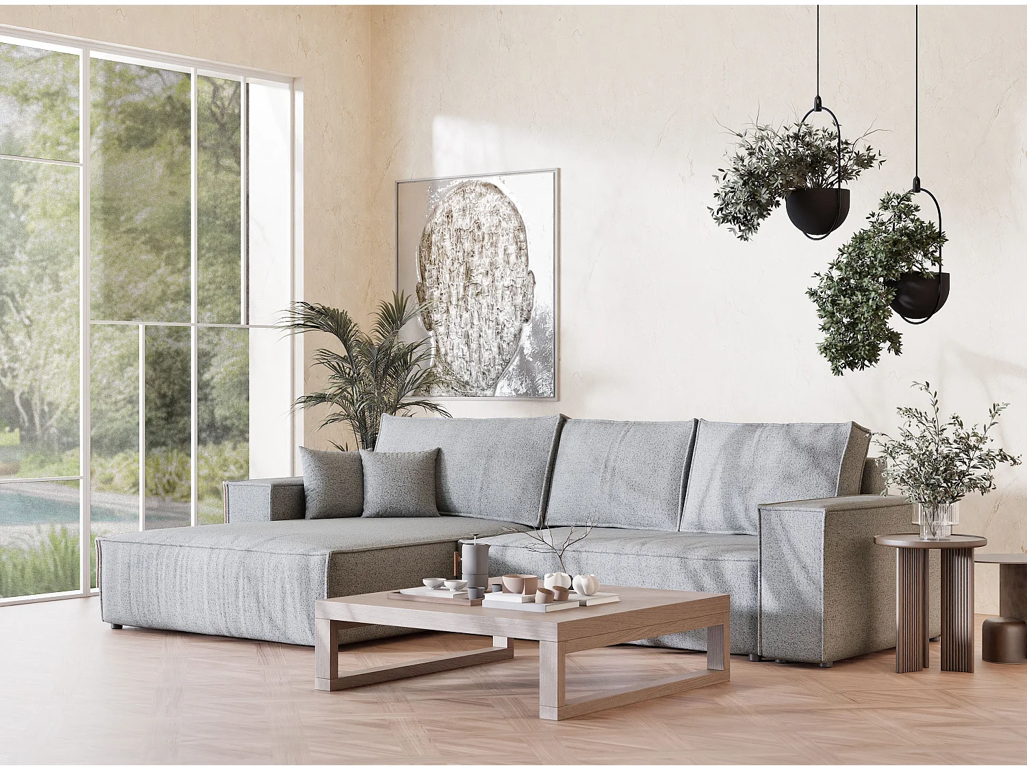 Canapé d'angle convertible Maze im tissu tresse - 5 places - gris clair