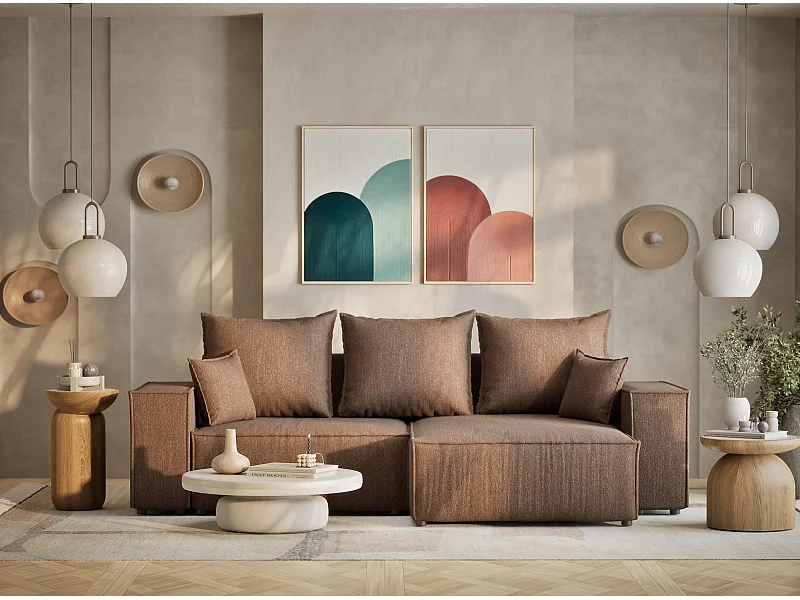 Ecksofa mit Schlaffunktion Moyo aus Webstoff - Drei-Personen - braun