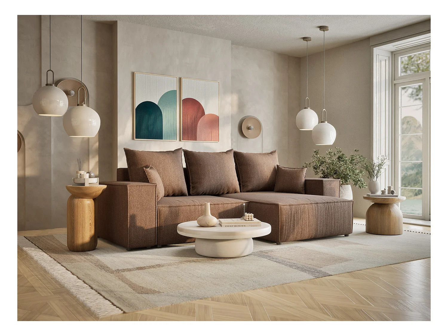 Canapé d'angle convertible Moyo im tissu tresse - 3 places - brun