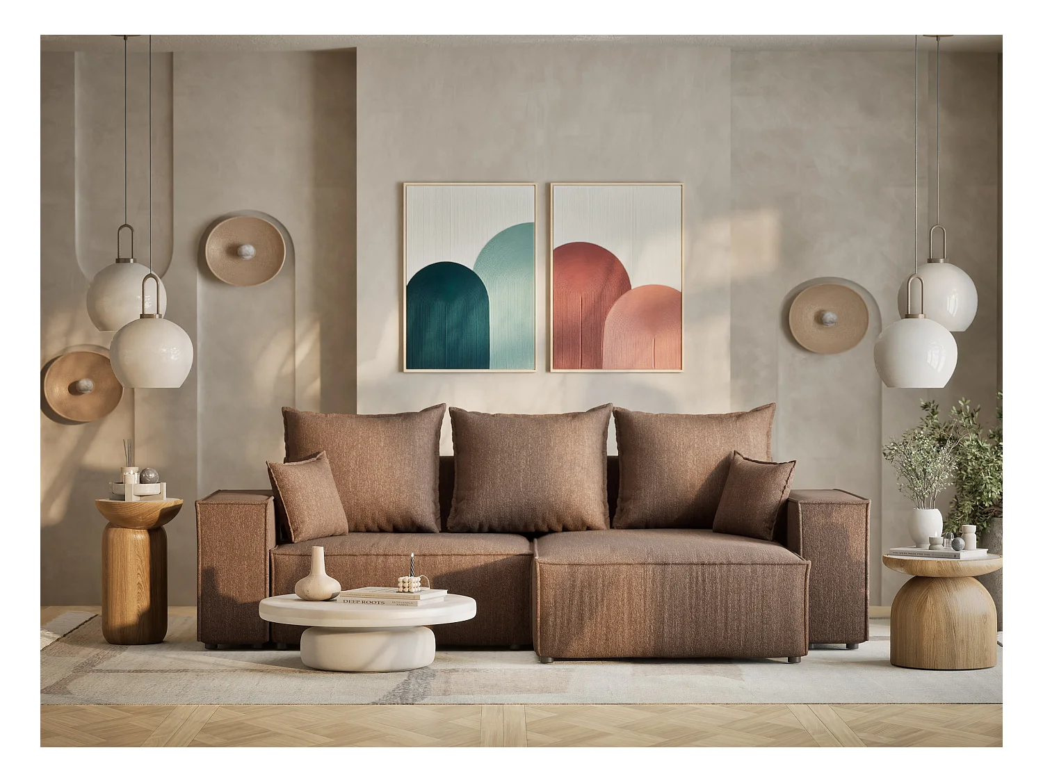 Ecksofa mit Schlaffunktion Moyo aus Webstoff - Drei-Personen - braun