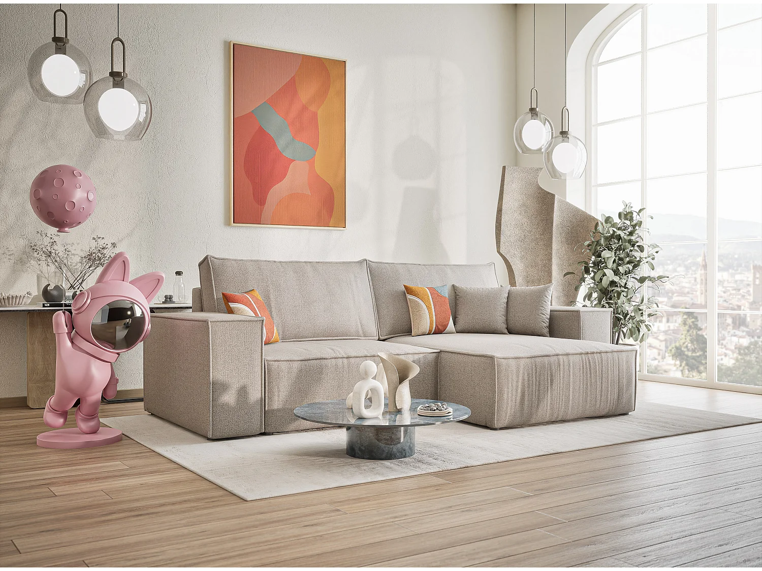 Ecksofa mit Schlaffunktion Zaya aus Webstoff - Drei-Personen - beige