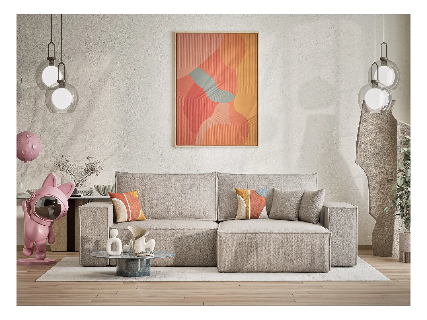 Ecksofa mit Schlaffunktion Zaya aus Webstoff - Drei-Personen - beige