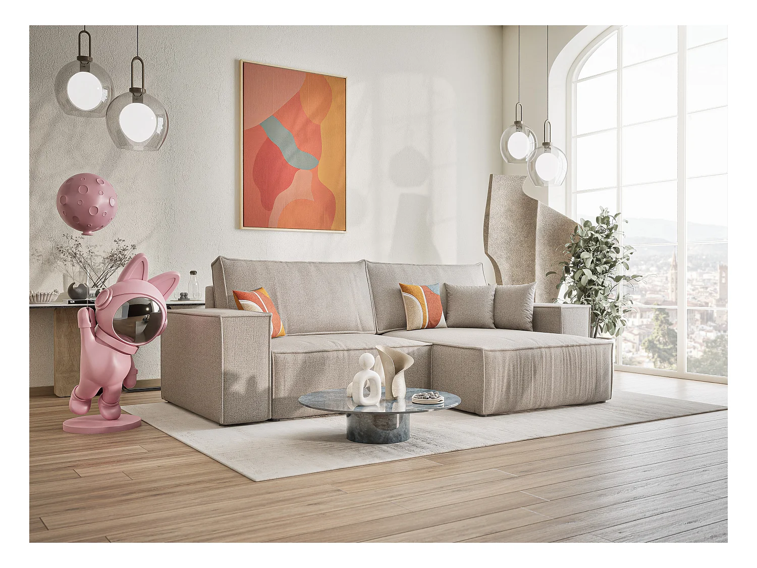 Ecksofa mit Schlaffunktion Zaya aus Webstoff - Drei-Personen - beige